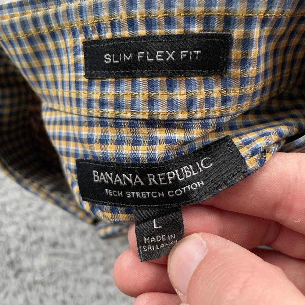 Banana Republic Shirt Mens Large Slim Flex Fit Tech Stretch Check Dress Casual